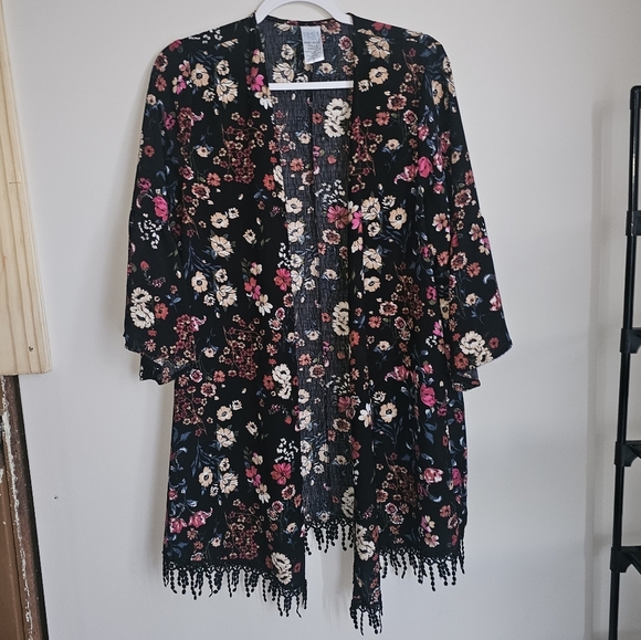 Floral Beach Cover-Up Kimono Cottagecore Black Pink Fringe Layering Loose Fit - Picture 1 of 3